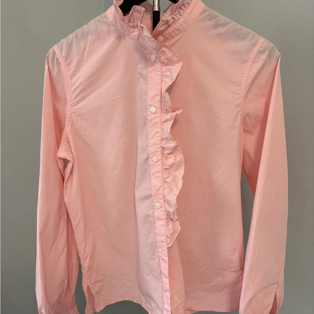 J.Crew Cottage Top in Cotton Poplin Pink Ruffle High Neck Blouse Size 2